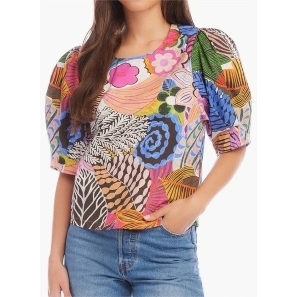 Fifteen Twenty Rosie Puff Short Sleeve Coral Reef Top Multi Pink Floral Print M